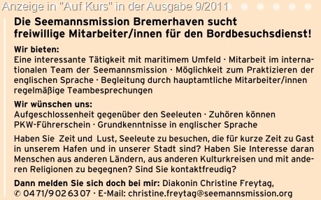 Seemannsmission Bremerhaven sucht freiwillige Mitarbeiter