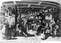 Deutsche Auswanderer auf dem Weg nach Amerika auf dem Schiff "Samuel Hop" (Zeichnung)