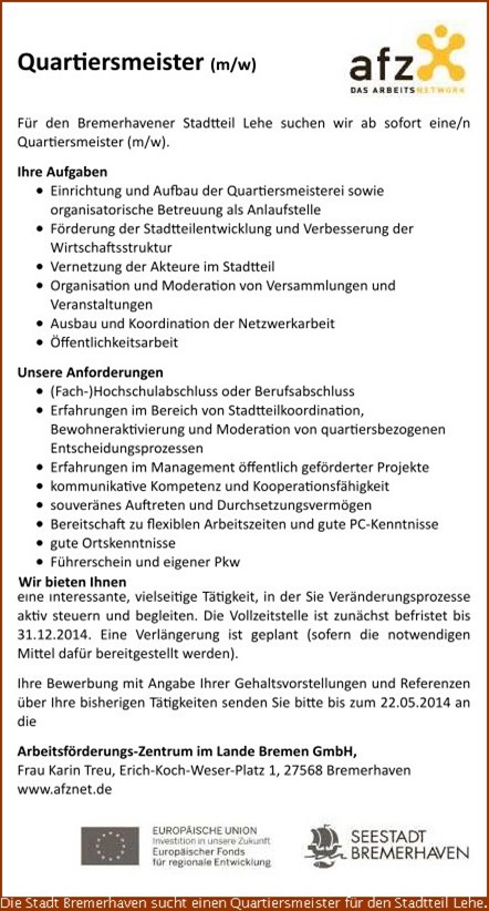 Quartiersmeister gesucht