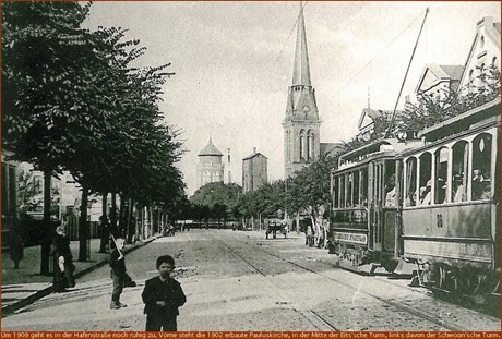 Hafenstraße mit Wassertürmen & Pauluskirche (um 1909)