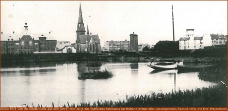 Lessingschule, Pauluskirche, Eits' Wassertum (Blick von der Kinderkuhle, 1907)