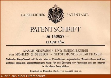 Patent Dampfkessel von tom Moehlen und Seebeck